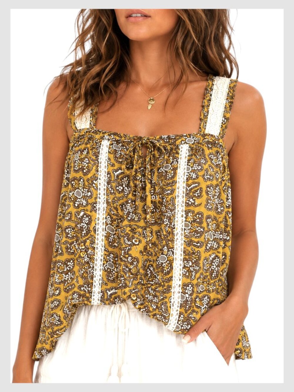 Anthropologie Bardot Yellow Brown Paisley Lace Trim Cami Blouse S 4
